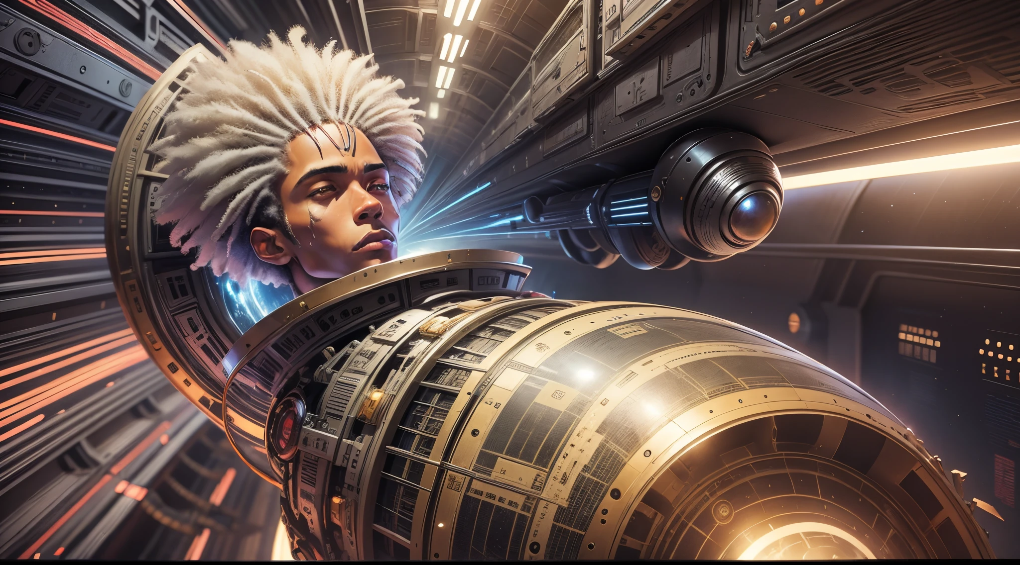 afro-anime art POV shot of black man in an ascending rocket ship, leaving earth, sci-fi art, cosmic art, afro anime style, black anime, 32k, ultra HD, --auto --s2