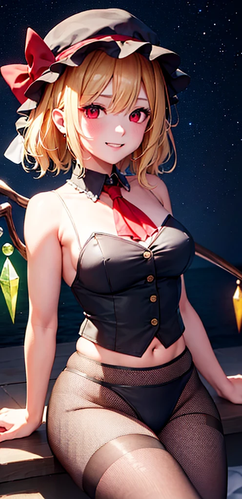 best quality, masterpiece, highres, solo, {night:1.10}, {starry sky:1.10}, beach, beautiful detailed sky, {extremely detailed background:1.20}, {flandre_scarlet_touhou:1.15}, {standing:1.10}, looking at viewer, {bikini:1.30}, blonde_hair, wings, red_eyes, crystal, bangs, hat, one_side_up, ribbon, mob_cap, bow, blush, smile, vest, white_headwear, red_vest, ascot, hair_between_eyes, red_bow, red_ribbon, upper_body, hat_ribbon, yellow_ascot, short_hair, light smile, huge breasts, cleavage, fishnet, goth, black lipstick, fishnet dress, fishnet pantyhose, evil, muscular arms, muscular midriff, abs, muscular thighs, sixpack