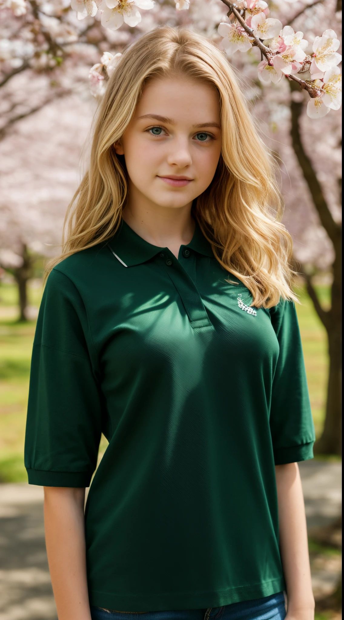 16 year old pre-teen, European, blonde, small breasts, big eyes, long legs, close-up on thighs, polo shirt, heeled sandals, park background, tree, cherry blossom, hairy vagina, fairy wings on the coast, ray tracing, HDR