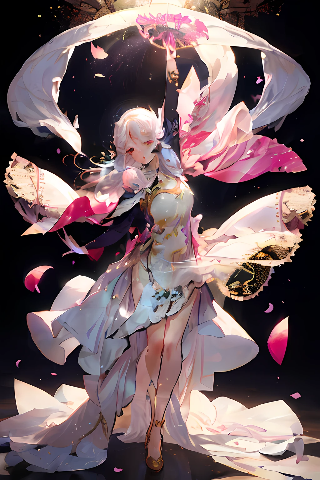 Anime girl in a white dress with a pink and gold dress holding a fan, guweiz on pixiv artstation, guweiz on artstation pixiv, guweiz, Trending on ArtStation pixiv, cushart krenz key art feminine, sakura petals around her, ross tran 8 k, Cute anime waifu in a nice dress,