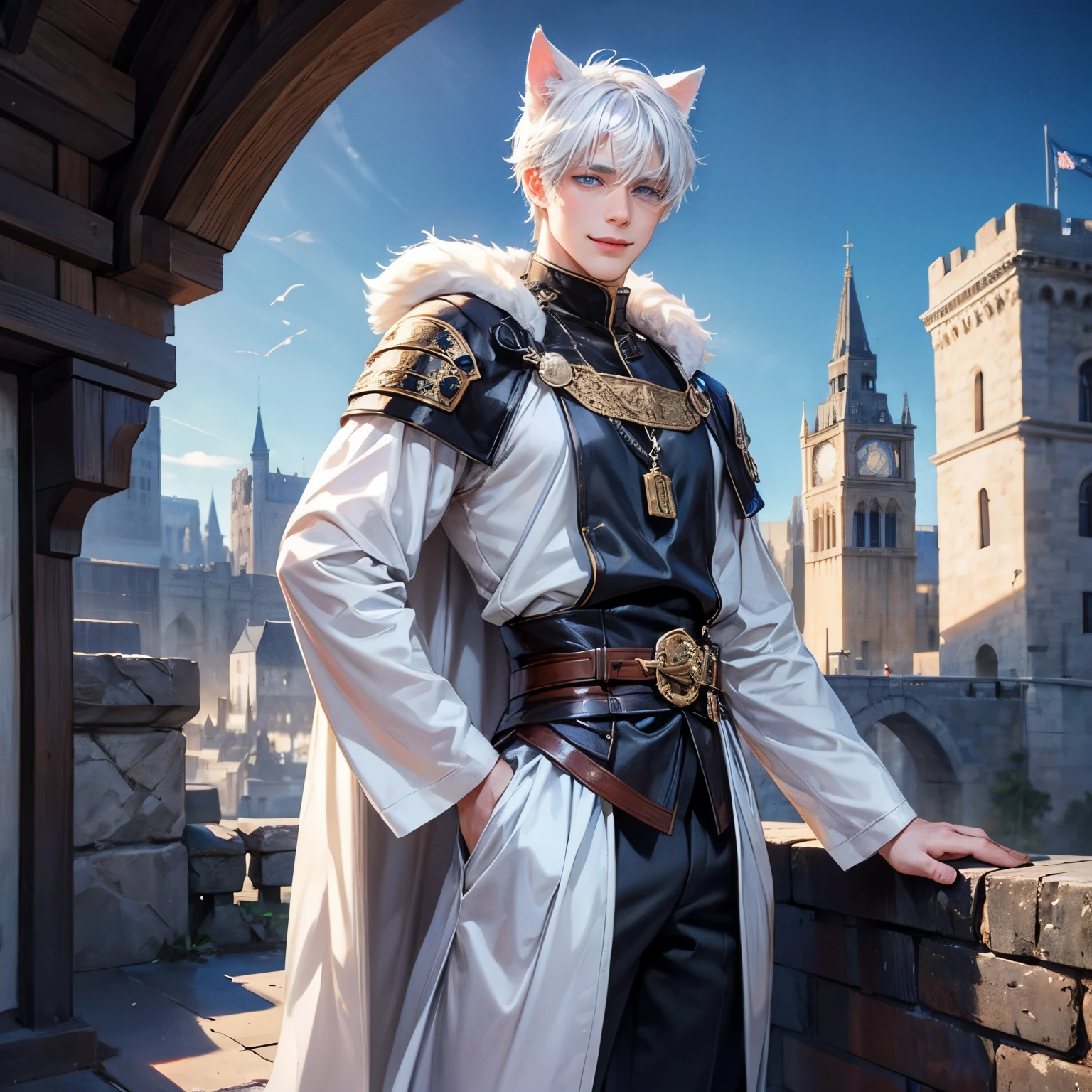 Man, male, young, blue eyes, cat ears, white hair, neko, medieval background, sexy, short hair, city, medieval, highlighted eyes, smile