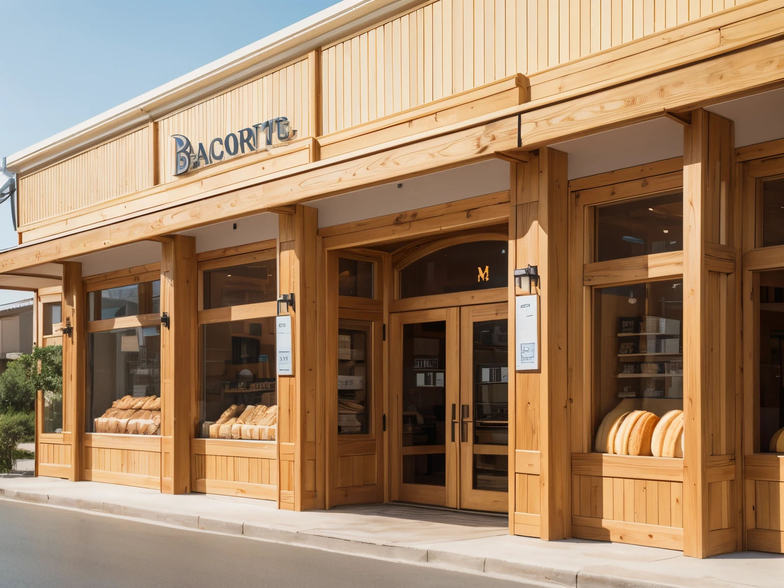 The facade of this bakery is simple and warm。Four wooden pillars support the entire facade,The soft light yellow or light brown color of the exterior wall gives a warm feeling。Large glass windows allow sunlight to pass through,Make the interior bright and comfortable。A simple and distinctive store name or logo on the facade,and hanging baking utensils,Adds a unique decorative touch。The overall design is simple and attractive,Give guests a relaxed and pleasant feeling。store exterior