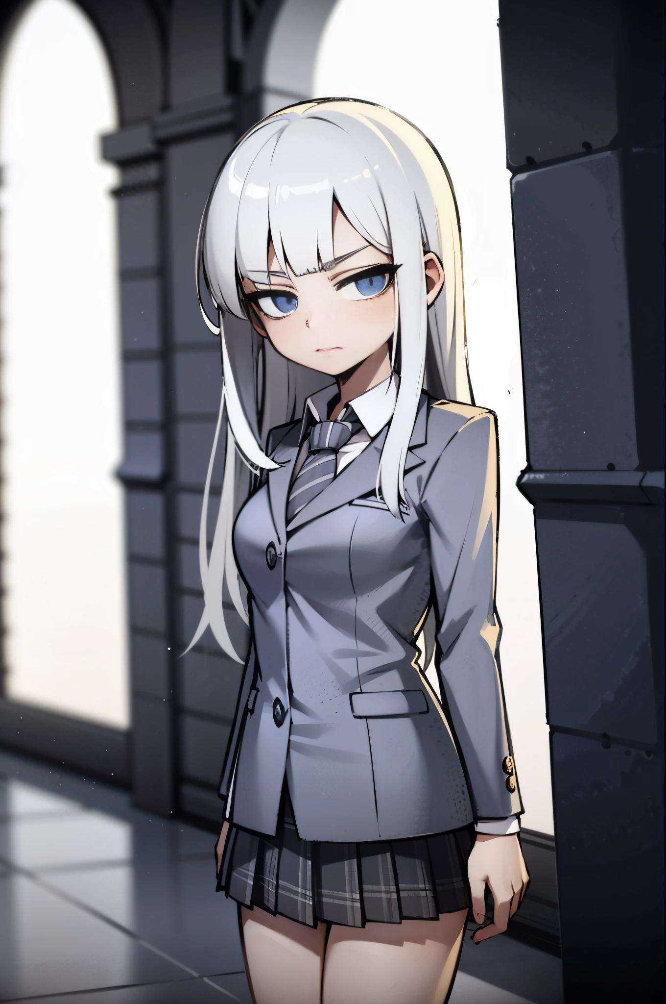 Young girl, white hair, blue eyes, shy face, japanese student outifts, plaid skirt, looking at viewer, in a cathedral, dark stmosphere, grey filter, blue vitral in background, white cathedral, 4k, masterpiece