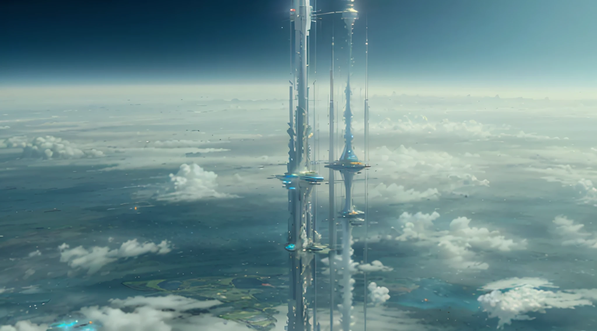 See a tall tower above the clouds, space elevator, An orbital elevator floating in the sky, futuristic tower, sci-fy, The skyscraper of the future, Epic mega buildings, Sci-fi matte painting, Epic science fiction movie stills, in science fiction movies, Epic science fiction movie stills,  megastructures