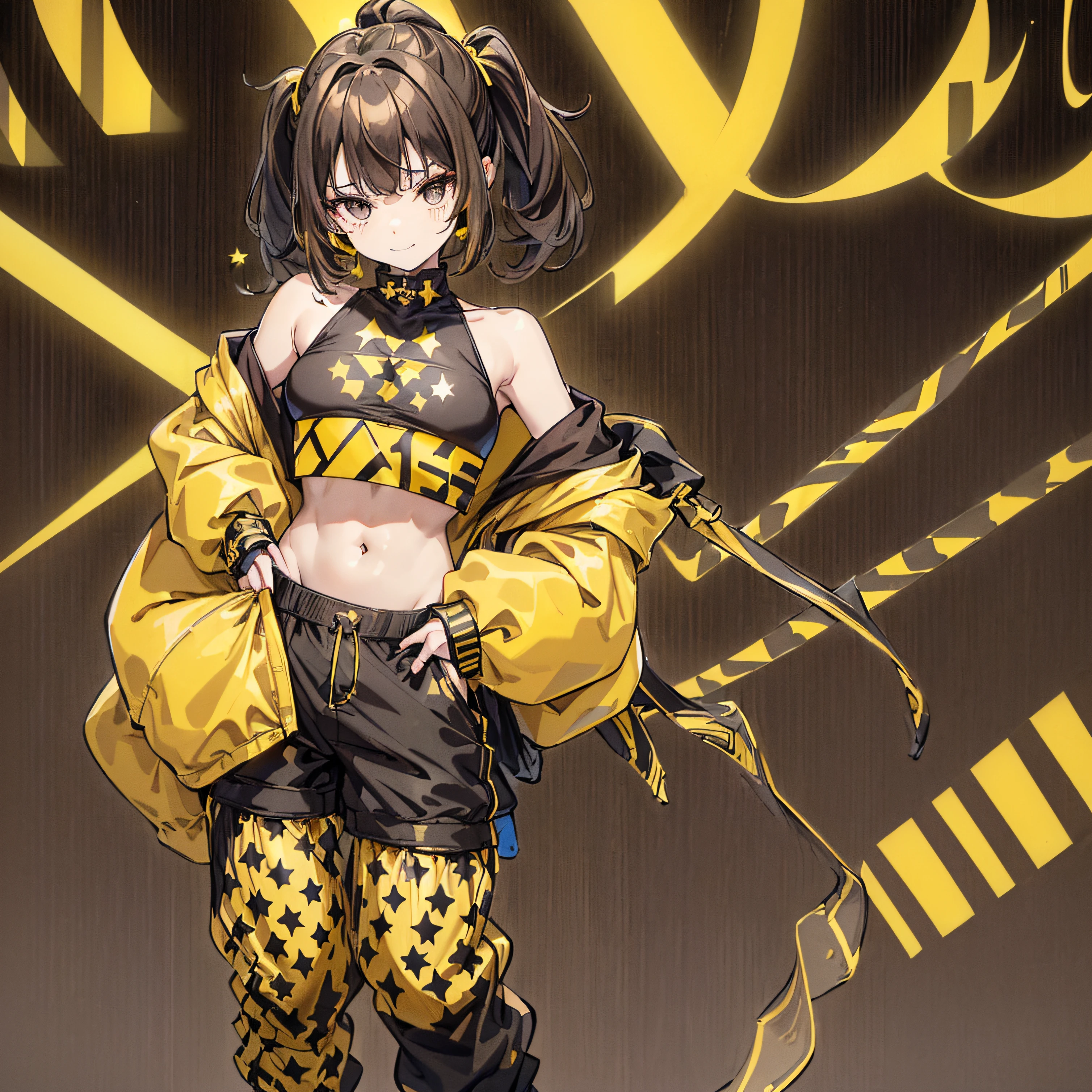 (1 18 year old girl、Brown hair、star pattern accessories、Black eyes、A slight smil、Muchimuchi Body)(yellow and black sports bra、Separate black and yellow stripes pattern、Wear an off-shoulder oversized sporty outerwear open in the front.、Navel Ejection、)(baggy black and yellow pants、Stand cool with your hands in your pockets