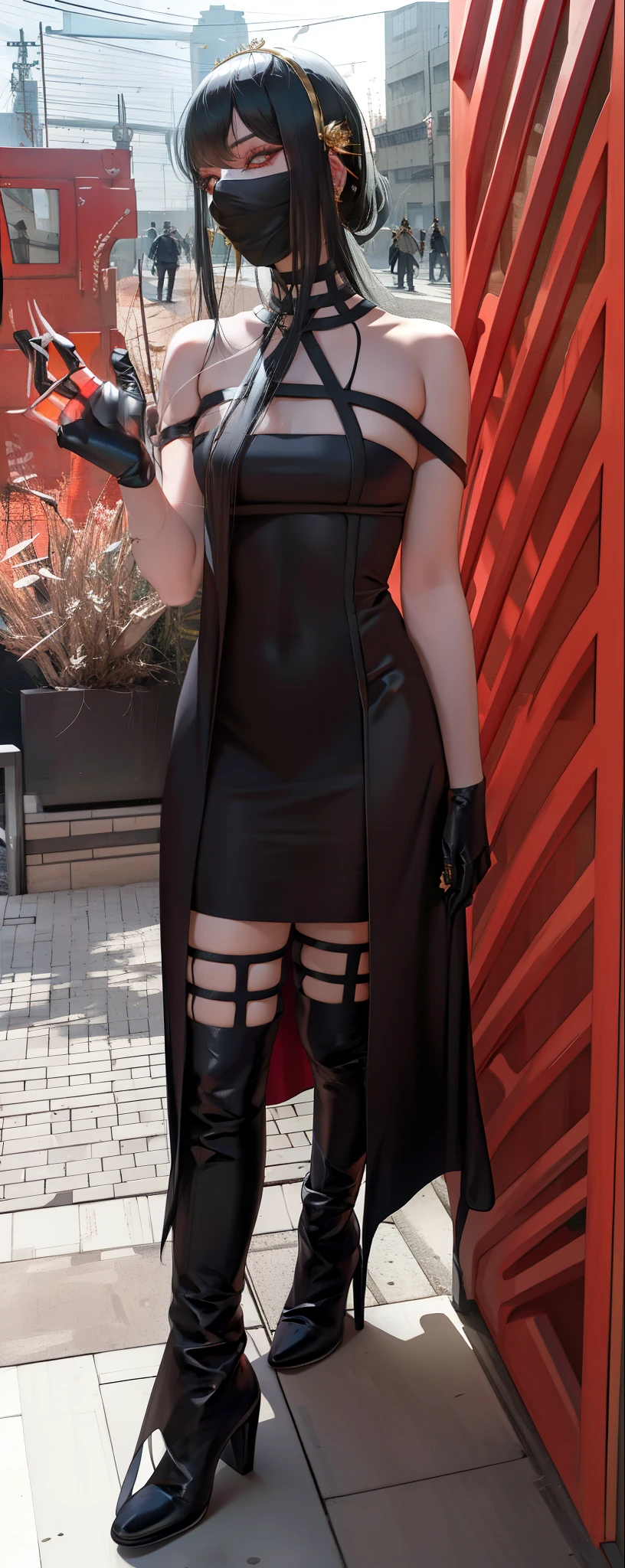 Thorn Princess do anime spy x family, estilo anime, beleza natural, vestido preto longo, botas de coxa preta, olhos vermelhos, half eyes and half mask, rosto pequeno e fofo, antecedentes detallados, Use from country to city of Beijing from China, estilo cyberpunk, luvas preta sem dedo, Cosplay Thorne Princess, cabelo preto e longo, seios medios, tiara dourada