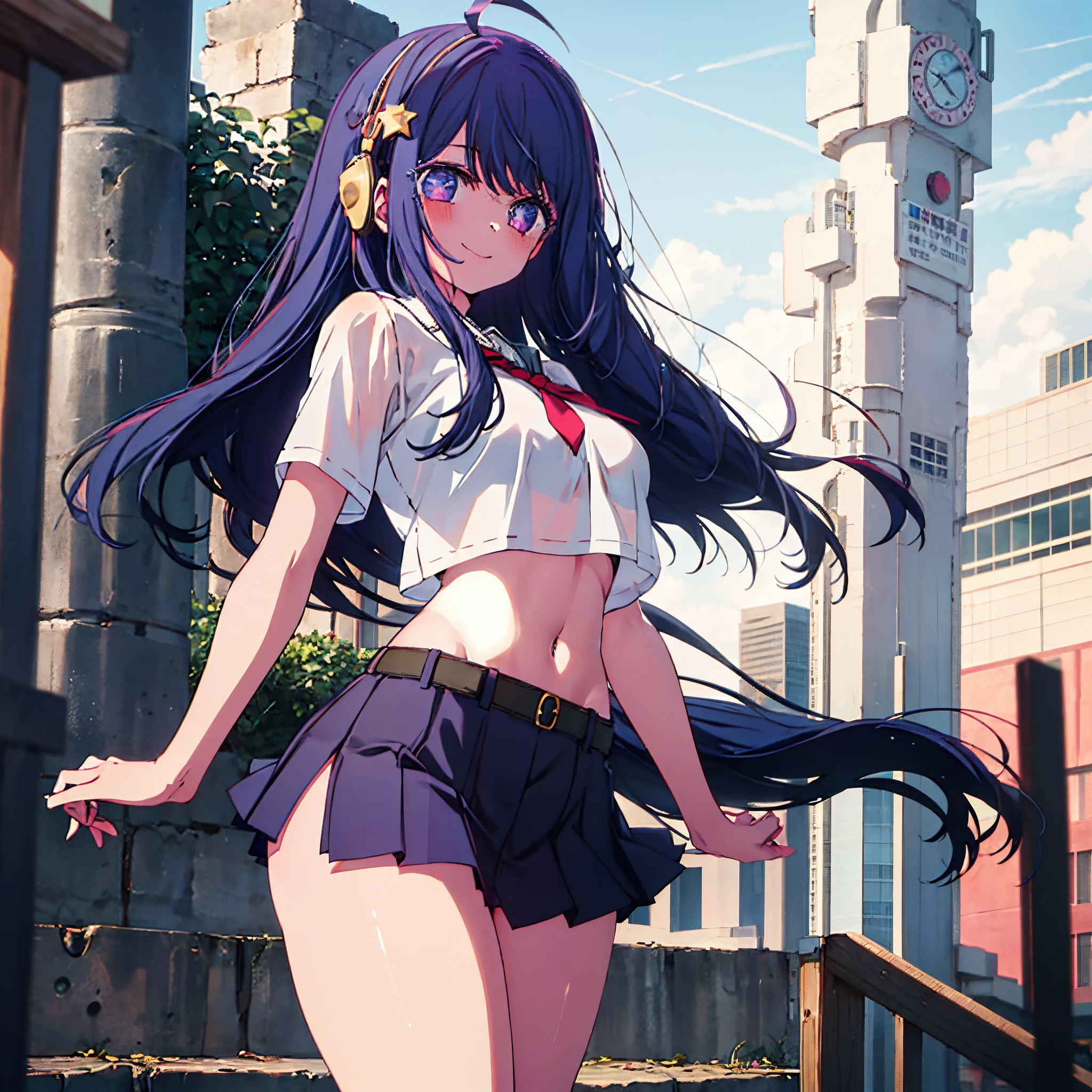 best quality, highly detailed, 1girl, cowboy shot, Ai Hoshino, long hair, star hair ornament, ahoge, crop top, miniskirt, medium breasts, standing, school, outdoors, smile, large breasts, small waist, very wide hips and thick thighs. smiling. Arched back.