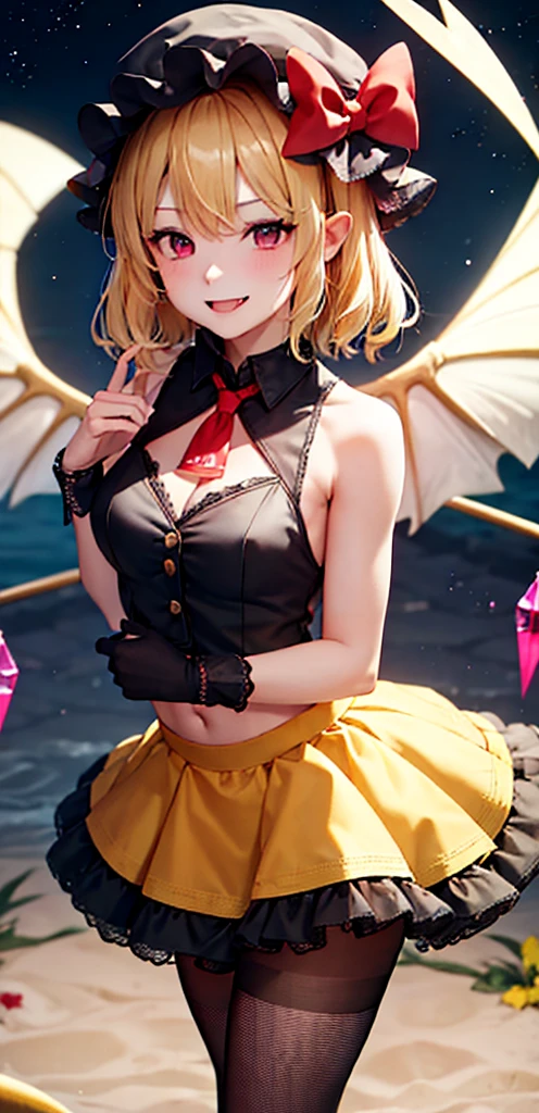 best quality, masterpiece, highres, solo, {night:1.10}, {starry sky:1.10}, beach, beautiful detailed sky, {extremely detailed background:1.20}, {flandre_scarlet_touhou:1.15}, {standing:1.10}, looking at viewer, {bikini:1.30}, blonde_hair, wings, red_eyes, crystal, bangs, hat, one_side_up, ribbon, mob_cap, bow, blush, smile, vest, white_headwear, red_vest, ascot, hair_between_eyes, red_bow, red_ribbon, upper_body, hat_ribbon, yellow_ascot, short_hair, light smile, huge breasts, cleavage, fishnet, goth, black lipstick, fishnet dress, fishnet pantyhose, evil, muscular arms, muscular midriff, abs, muscular thighs, sixpack