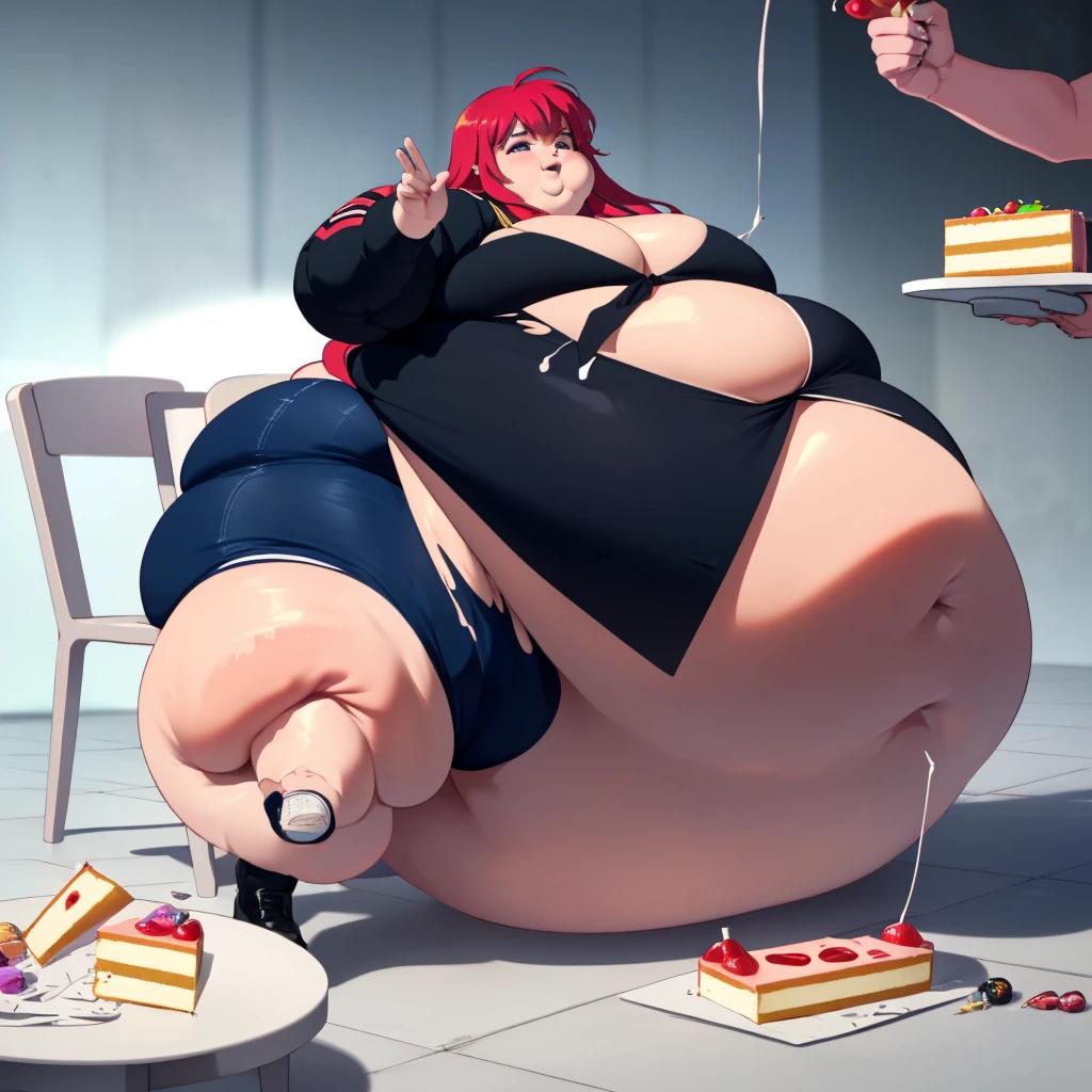 guy, male, man, ((white floor length hair)), pinks eyes, black and Pink clothes, (White shorts), (punk clothing), ((cakes)), ((Large , round Belly)),(( immobile)) , ((hyper Hips)),(( massive butt)) ,(( massive thighs)), Torn Clothes, Clear Detailed face:1.4, ((Anatomically accurate body:1.5)),((Candy land background),(( force fed Cake)),( chair)