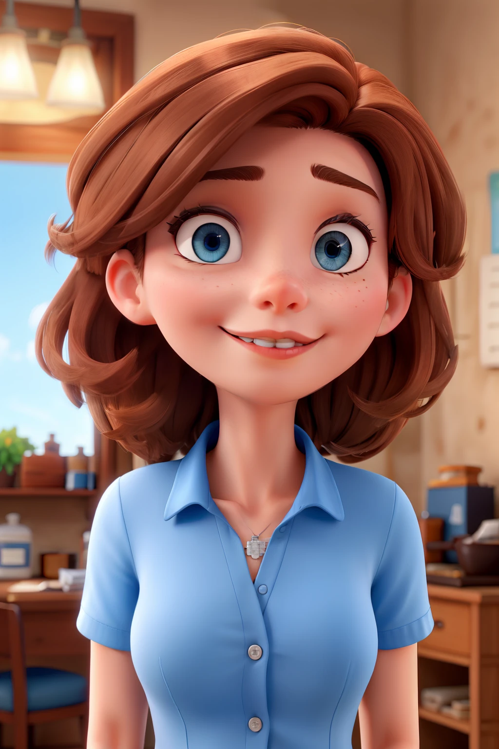 Woman with light brown hair and pharmaceutical blue eyes