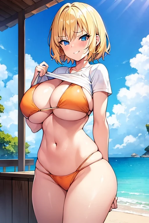 1girl, very short hair, blonde hair, blue eyes, orange bikini, huge breasts, thick thighs, wide hips, 2d, anime style, anime screencap, shirt lift, clothes lift, white shirt, lifted by self, shirt, orange bikini top, smug, smirk, smile, pervert, blush, blushing