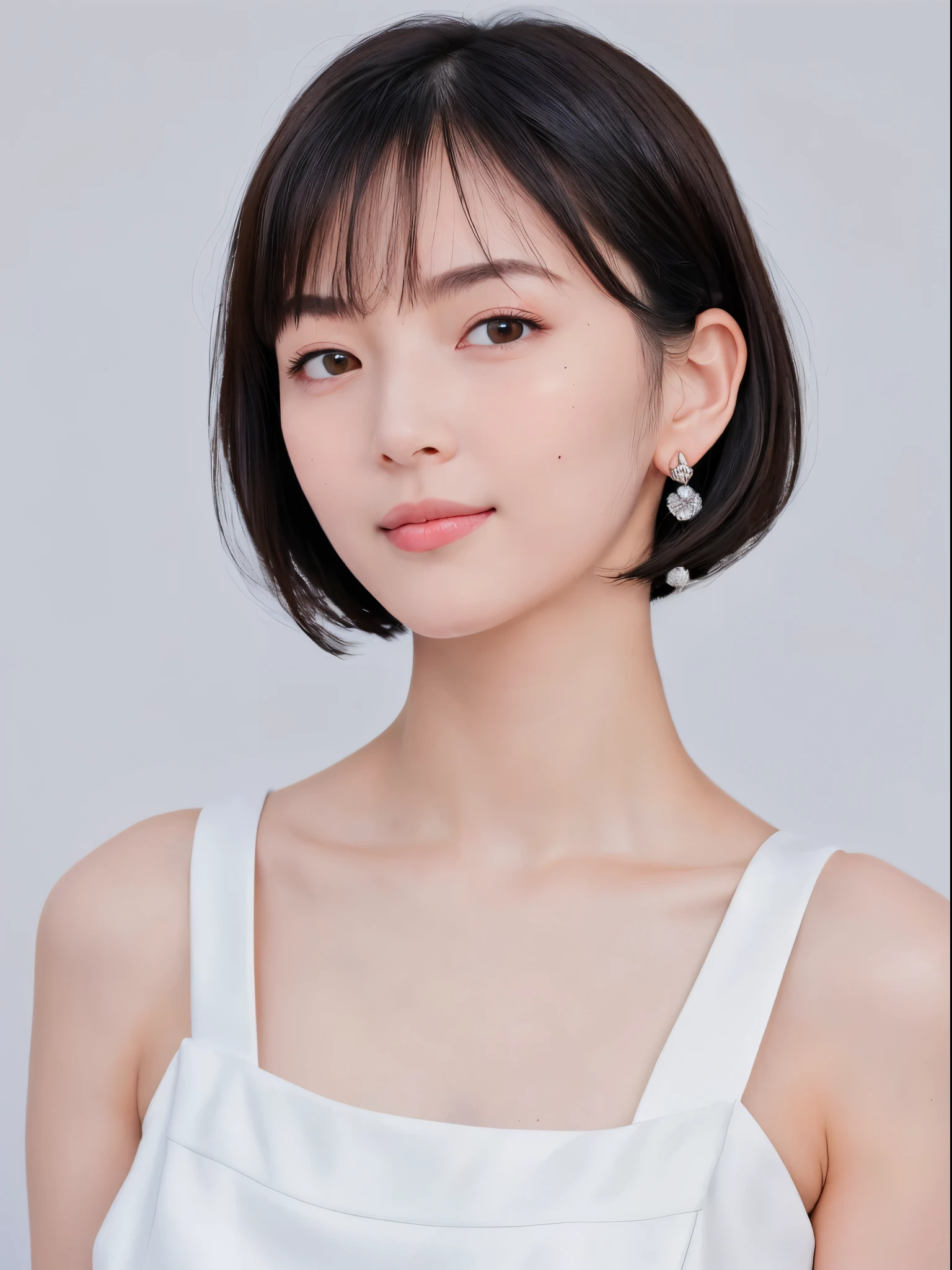((masutepiece, of the highest quality, High Definition)), One girl, (Photorealistic: 1.4), Solo, White background, with a pure white background, ((From above, A little above, Looking up at the viewer, Looking Up, Looking up at the camera, staring directly at camera)), Mouth closed, Happy smile, Happy smile, Happy smile, pretty black hair, Short hair, Big eyes, clear double eyelids, Eyelashes, Ears out, long neck, long neck, Absolute area, (Draw all the heads, shoulders), 19 years old, Attractive proportions, Shiny skin, Clean collarbone, Face of golden proportions, Perfect face, tear moles, Mole on chest, Bangs, Clean bangs, Lip gloss, thin lips, Fair skin, Naked, a small face, a small face, Draw all the heads, Draw all the shoulders,