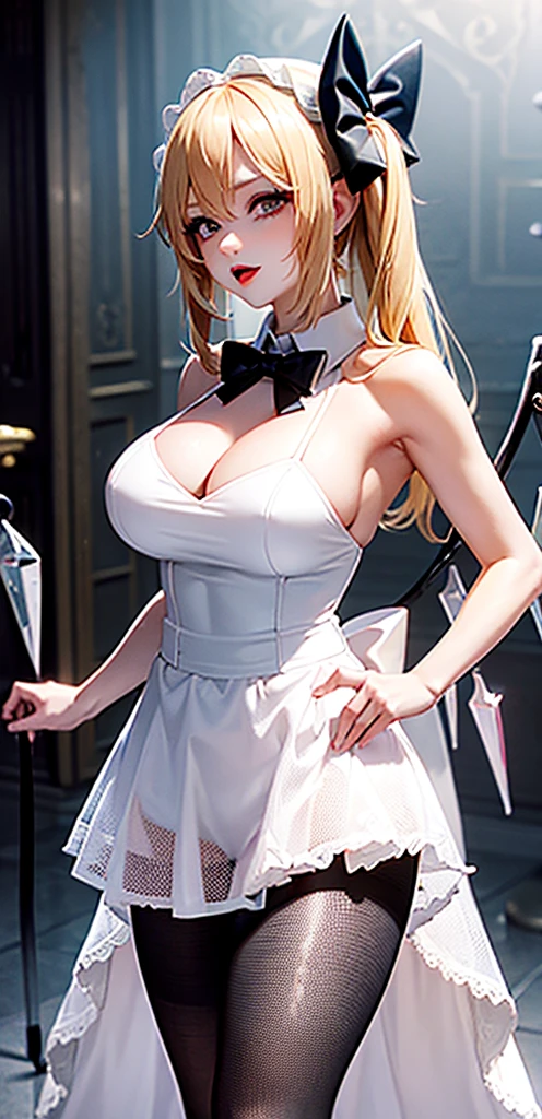 masterpiece, best quality,    1girl, blonde hair, mob cap, hair bow,long hair,wedding dress, huge breasts, cleavage, wings, fishnet, goth, black lipstick, fishnet dress, fishnet pantyhose, evil, muscular arms, muscular midriff, abs, muscular thighs, sixpack