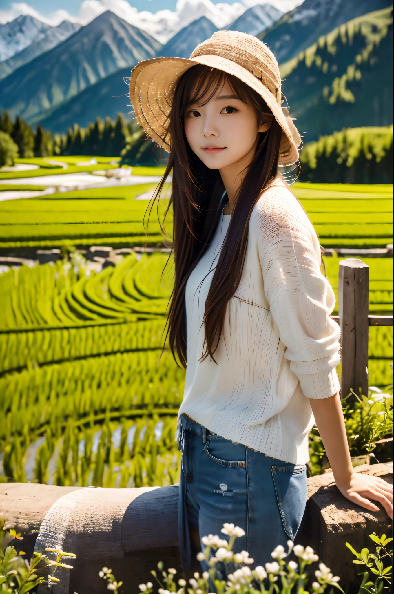 (absurdres, highres, ultra detailed, beautiful, masterpiece, best quality, )1 girl , half body shot, BREAK Terraced rice fields, rural villages, green landscapes, traditional farming, mountainous backdrops, peaceful atmosphere, BREAK Comfortable clothing, hat, sunscreen, light jacket,