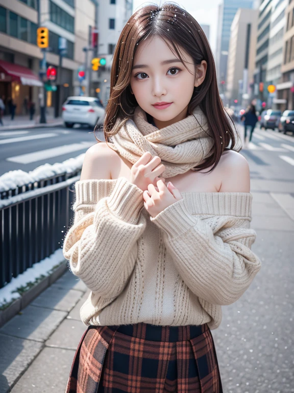 in winter, wearing Off_Shoulder_Sweater, wool_scarf, checkered_skirt, it's snowing, cloudy_day, 1girl, japanese, 24yo, (ahegao), kawaii, cute, young, baby face, facial lighting, (chiseled face), smooth skin, prostitute BREAK best quality, masterpiece, ultra high res, (photorealistic:1.4), RAW photo, (cowboy shot), perfect anatomy, fujifilm X-T3, perfect composition, physically-based rendering, depth of fields, looking at viewer