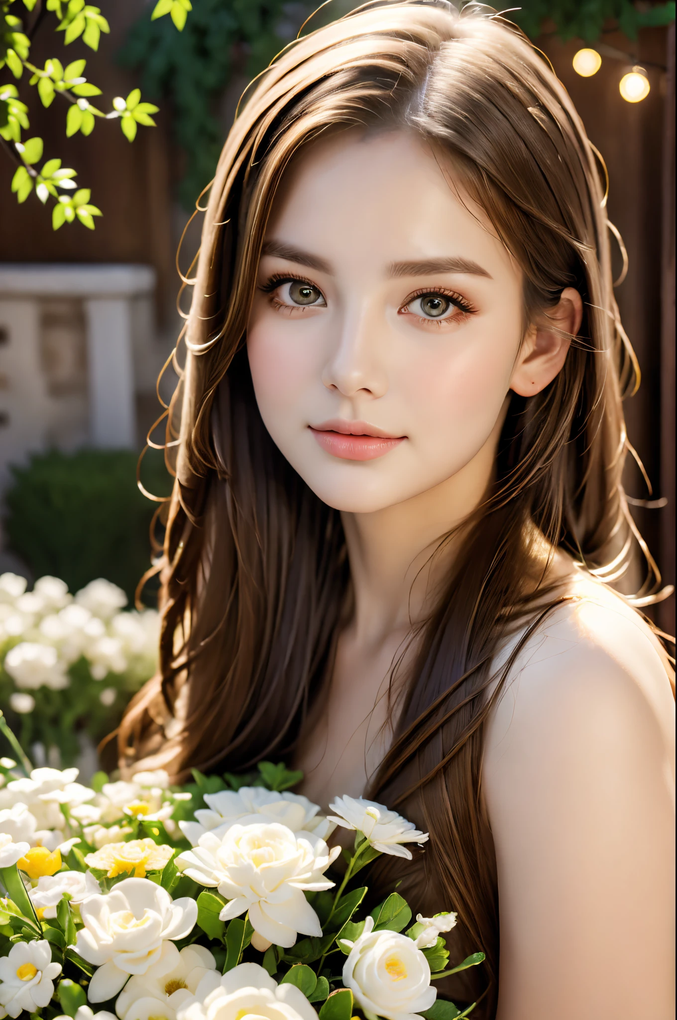 best quality,photorealistic,portrait,beautiful detailed eyes,beautiful detailed lips,blonde girl,garden background,delicious steak,top-quality restaurant,medium:oil paintings,soft lighting,vibrant colors,warm colour tones