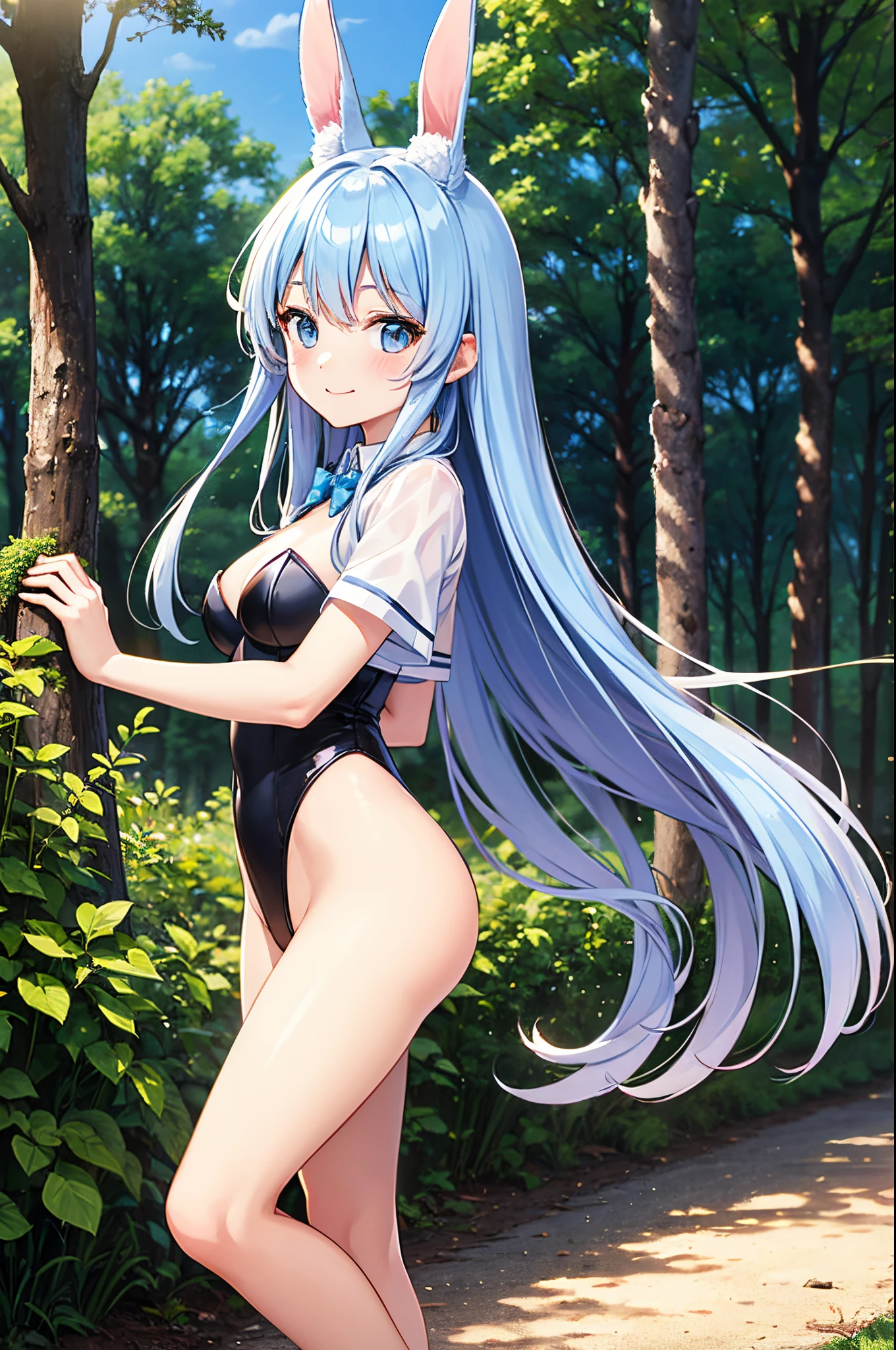 【Top image quality】Kawaii Girl　Light blue long hair、Twin-tailed、in woods　Forest creatures　Eared rabbit　bare-legged　Cute Leotard Costume、　White panty、rabbitears　shortsleeves　A charming smile　There are also rabbits