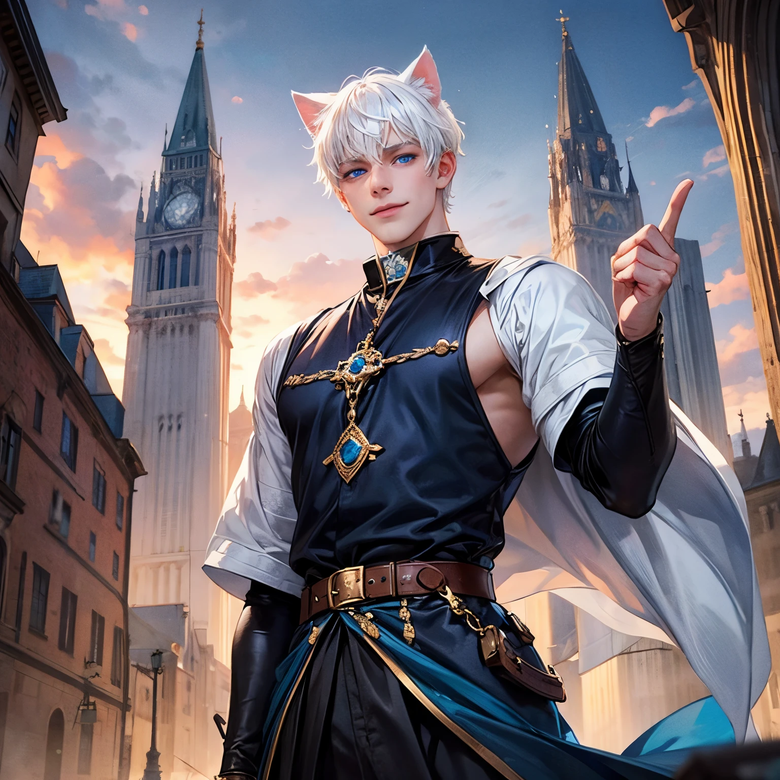 Man, male, young, blue eyes, cat ears, white hair, neko, medieval background, sexy, short hair, city, medieval, highlighted eyes, smile