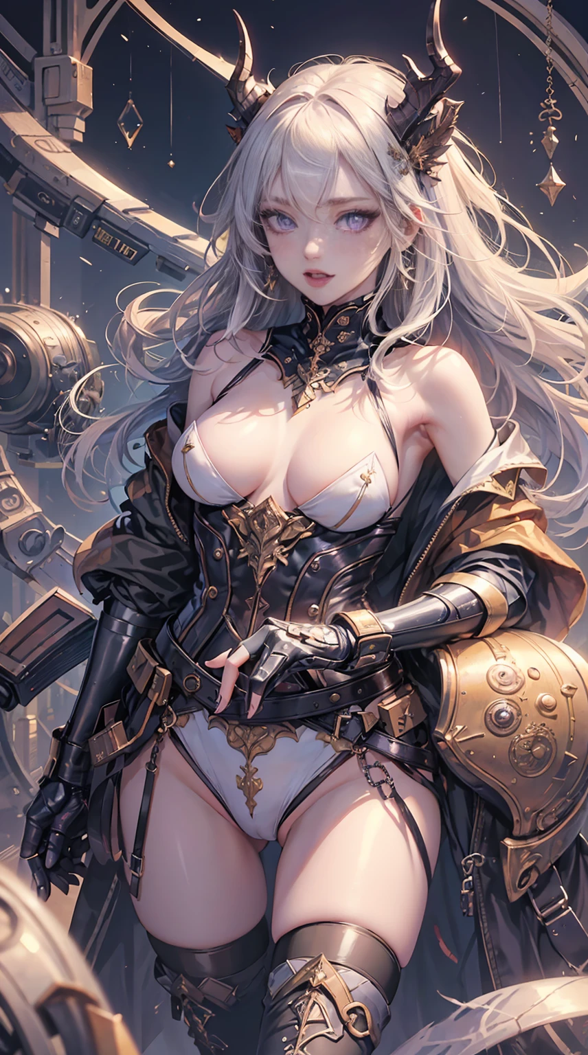 8K, realistic, Ultra High Definition, Super detailed, young girl of 18 years, Shiny detailed hair, dragon ears, detailed face, dragon features, fantasy landscape, solo, looking at viewer, {{best quality}}, {{masterpiece}}, {{ultra-detailed}}, {detailed light}, ultra high quality eyes, detailed eyes, perfect eyes, large eyes, purple eyes, sexy tattoo, white hair, long hair, metallic dragon horns, beautiful earrings, beautiful, skinny body, white skin, slutty, erotic, blushing, open mouth, standing in suggestive pose, ((nsfw))