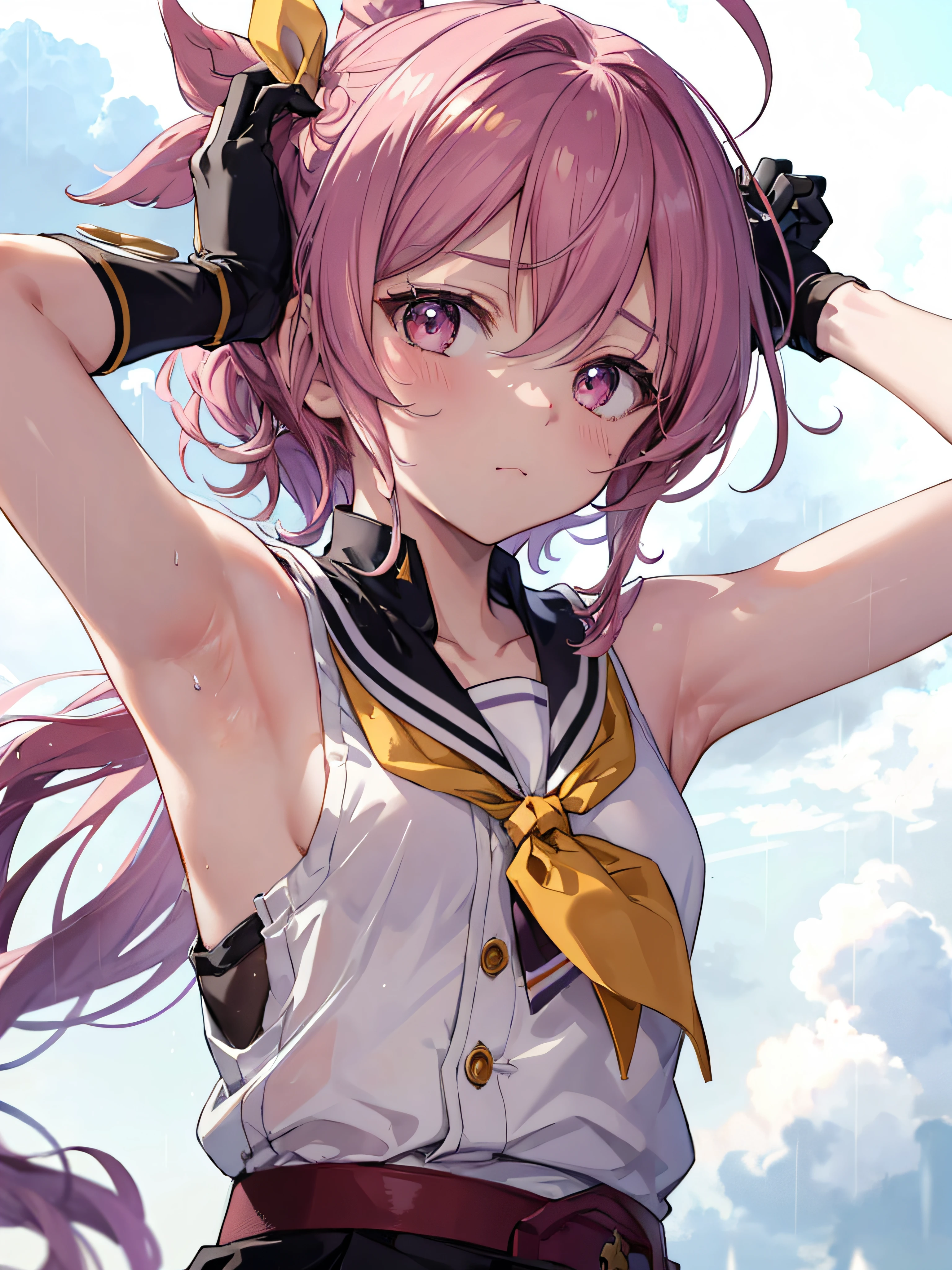 masterpiece, best quality,, sakura bakushin o (umamusume),, (close-up:1.2), rain, cloud, cloudy, shadow,, serious, arms up, armpits, closed mouth, mouth hold,, epaulettes, black gloves, sleeveless, yellow neckerchief, shirt, tying hair,