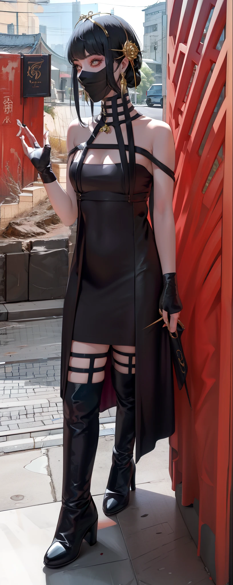 Thorn Princess do anime spy x family, estilo anime, beleza natural, vestido preto longo, botas de coxa preta, olhos vermelhos, half eyes and half mask, rosto pequeno e fofo, antecedentes detallados, Use from country to city of Beijing from China, estilo cyberpunk, luvas preta sem dedo, Cosplay Thorne Princess, cabelo preto e longo, seios medios, tiara dourada
