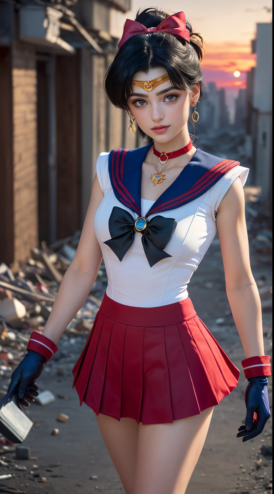Ultraphotomicrography, Calidad superior, Super detalle CG Unity 8k Fondo de pantalla, Detalles intrincados, (1 mujer), 18 years old, (Uniforme Sailor Senshi:1.4), (Guantes blancos:1.4),(falda rojo Sailor Moon:1.4) Color rojo marinero, (falda roja:1.4), Mostrar bragas,(Uniforme Sailor Senshi: 1.4),Sailor Mars: 1.2, Meshaunf), Incredibly straight purple black hair: 1.2, hermoso cabello largo lacio brillante: 1.2, Uniforme Sailor Senshi, Mostrar bragas,((The purple bow in the center of the chest is very large: 1.4, Tocado de oro en la frente: 1.5, Use guantes rojos en los codos: 1.1, bright crimson,Combinado con lujosos detalles dorados: Botas altas de esmalte hasta la rodilla: 1.3, Saturated crimson red collar, Saturated Crimson Sailor Necklace, long white latex gloves,Decorado en lujoso color dorado: 1.3, There is a very big red bow behind the waist: 1.1, collar rojo, Se ve sexy y audaz, Pendientes Red Star)), Smimas
Cabello muy largo, flequillo partido,(sonrisa seductora, cara muy bonita, Detalles de la cara: 1.5, Ojos morados brillantes, Cara hermosa, Hermosos ojos, ojos brillantes, labios finos: 1.3, delgado, afilado, pale eyebrows, Long Dark Eyelashes, Double tabs), Joyas de oro de lujo, enormes alas blancas, Delgado y musculoso, abdominales musculares, petty face, pechos enormes, proporciones perfectas, cintura delgada,(ciudad destruidaapocalyptic:1.4),(Sailor Senshi:1.4), (fondo apocalyptic:1.4),(atardecer:1.4)