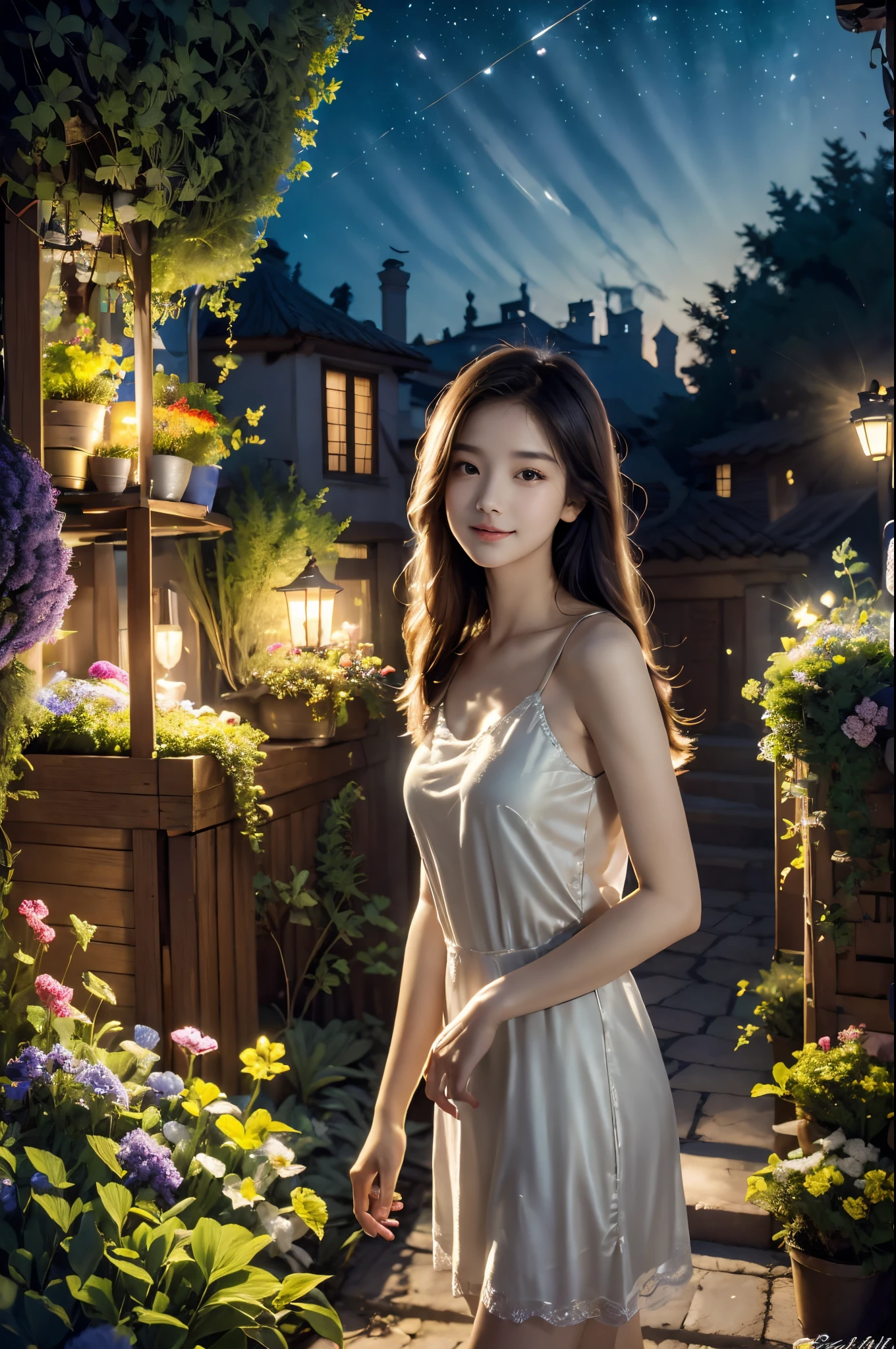 (best quality,4k,8k,highres,masterpiece:1.2),ultra-detailed,(realistic,photorealistic,photo-realistic:1.37),a girl in a garden,night sky,star-filled sky,crescent moon,city streets,illustration,soft brushstrokes,dreamlike atmosphere,vibrant colors,gentle moonlight,quiet ambiance,lively cityscape,enchanted garden,lush greenery,splendid floral arrangements,sparkling stars,distant city lights,romantic atmosphere,serene expression,sundress,flowing hair,dancing fireflies,magical aura,peaceful energy,whispering breeze,whimsical scenery,tranquil setting,starlight reflecting on leaves,faint sounds of music and laughter,happiness and tranquility coexisting,nighttime serenade,fascinating architecture,cozy cafes,metropolis alive at night,secluded pathways,mystical beauty,picturesque charm,unforgettable memory,exquisite detail description,soft and warm lighting,delicate shadows, A girl with beautiful detailed eyes and lips standing under the radiant night sky in a captivating garden. The star-filled sky envelops the peaceful scene, with a crescent moon casting a soft glow over the lush greenery and splendid floral arrangements. The girl's expression exudes serenity and joy as she gazes up at the twinkling stars. She wears a flowing dress that dances in the gentle moonlight, and her hair cascades down her back, catching the faint light of fireflies flickering around her. The garden is imbued with a magical aura, with the rustling of leaves and the hushed whispers of a breeze creating a tranquil setting. The enchanting scenery is complemented by the distant lights of a vibrant city, visible beyond the garden's borders. The city streets are alive with bustling activity, and the fascinating architecture of the metropolis adds to the picturesque charm. Cozy cafes line the streets, where the soft sounds of music and laughter mingle with the nighttime serenade. The artwork showcases a dreamlike atmosphere, created with soft brushstrokes and vibrant colors that beautifully depict the scene's whimsical nature. The illustrious detailing brings the girl, the garden, and the city to life, capturing the essence of the moment in an unforgettable memory. The artwork is of the highest quality, with ultra-detailed precision and a realistic touch that exudes photorealistic beauty. The lighting in the artwork is soft and warm, casting delicate shadows that add depth to the composition. The colors are vivid and captivating, ranging from the deep blues and purples of the night sky to the lush greens and vibrant hues of the garden. Overall, the artwork paints a mesmerizing picture, combining the tranquility of the garden, the allure of the starry night sky, and the lively energy of the city into a harmonious and breathtaking scene.