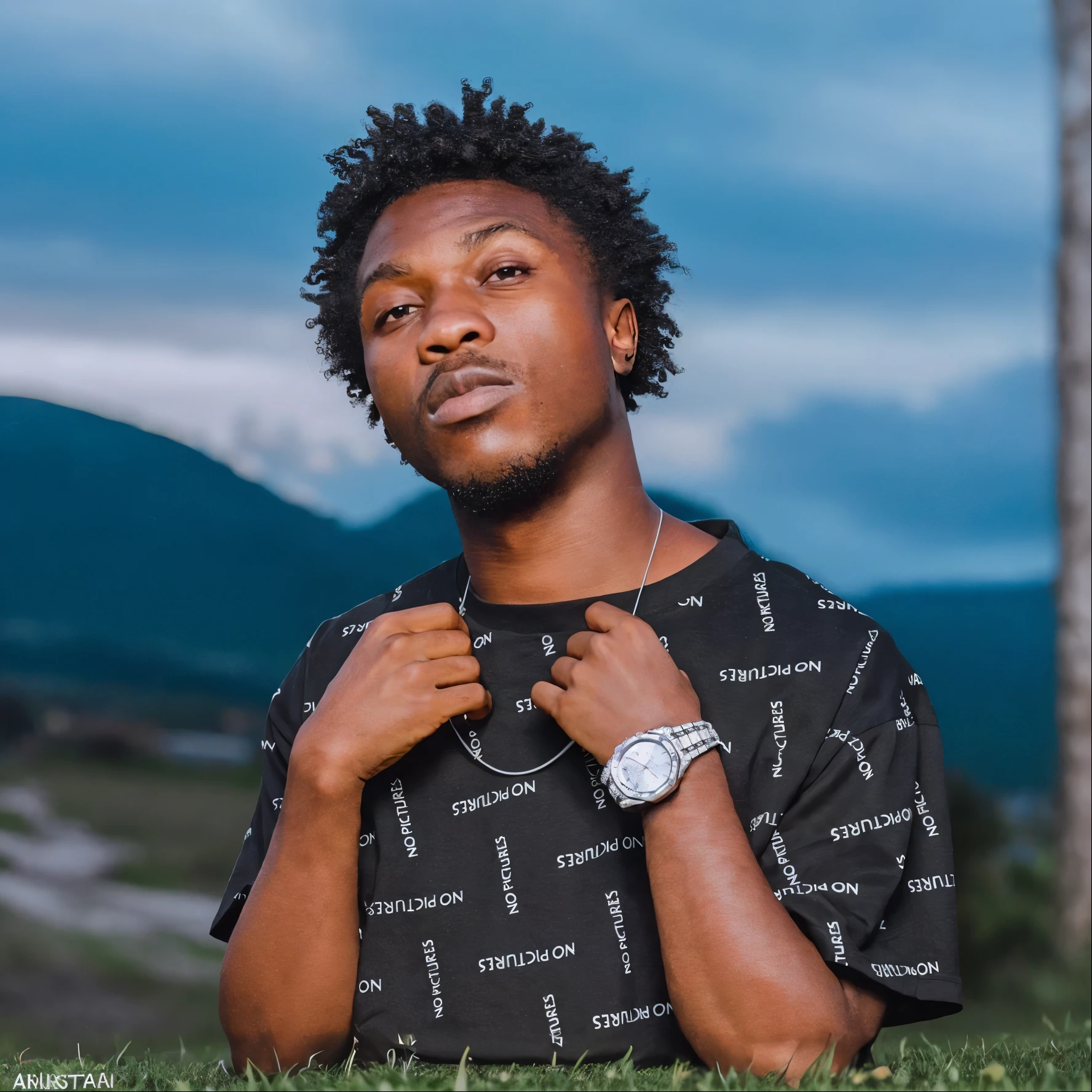 there is a man who is standing on the grass with a watch, Album art, pose estilosa, oi marca ( Akwaaba Tommy ), Trend in the artist, photo shoot, album, Lil Uzi Verde, artistic pose, album photo, no watermarks, trending artstayion, Foto em alta de 2019, Photo Session, musician, oficial