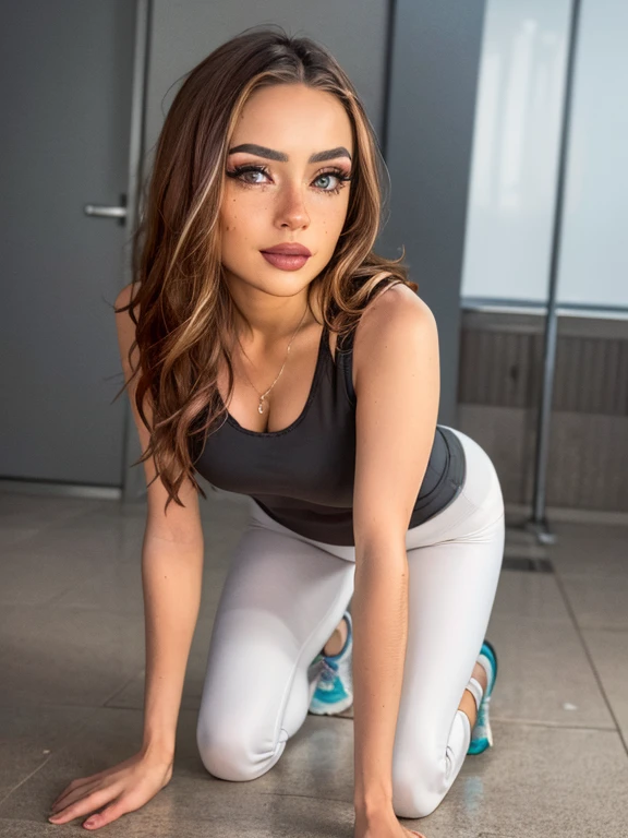 full body shot of (woman Standing up in a tank top, yoga pants, and running shoes. small smiling), (detailed realistic face), (((hyperdetailed))), zoomed out, symmetrical face, detailed pupil, expressive eyes, Casey Baugh, Michael Garmash, Sophie Anderson, hasui kawase, makeup, real photography, modern look, Real photography (Realistic:1.5) facing camera.