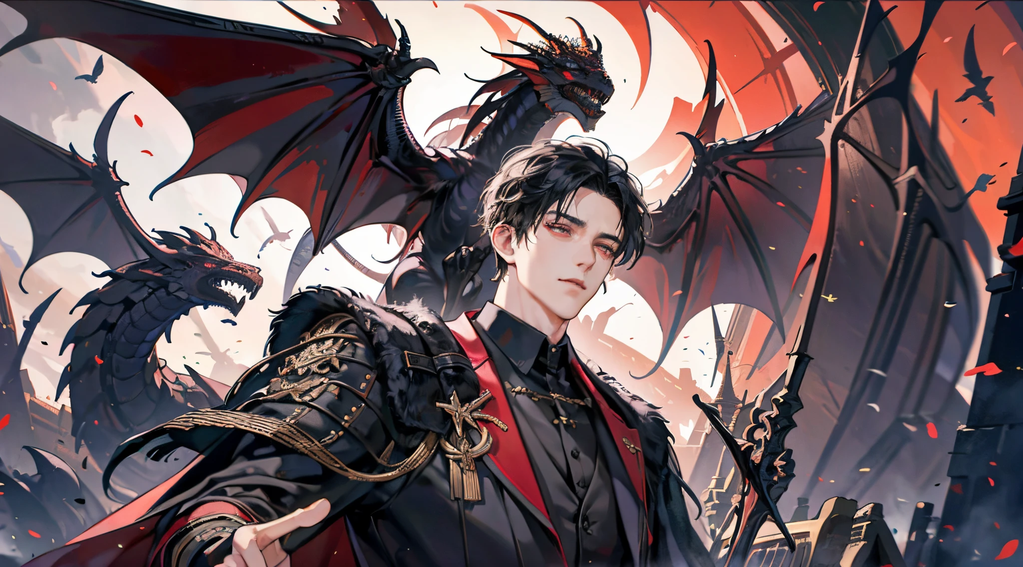 one male with one feathered dragon, adult, adult face, short messy black hair , handsome, beautiful, detailed and clear eyes, condescending, arrogant, royalty, tyrannical ruler, close up, condescending, arrogant, medieval castle background