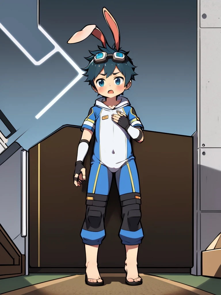 shota,,Two dimensional anime boys,one piece mountaineering suit,Rabbit ears,long slim figure,protective goggles,Fingerless gloves,The stands up,Very shy