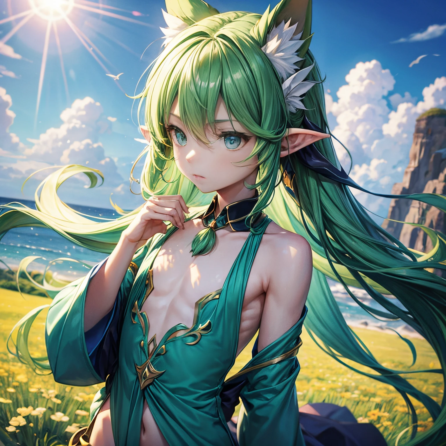 wind spirit, Fae , green, Male ,long hair, Femboy,((Flat chest))