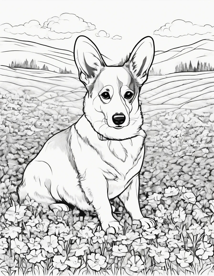 Pembroke Welsh Corgi in a flower field,line art, for coloring page, high quality, no shading,black and white