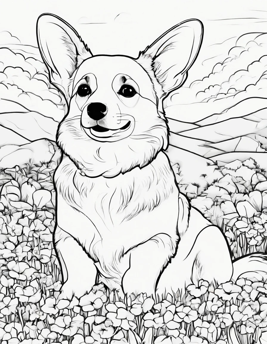 Pembroke Welsh Corgi in a flower field,line art, for coloring page, high quality, no shading,black and white
