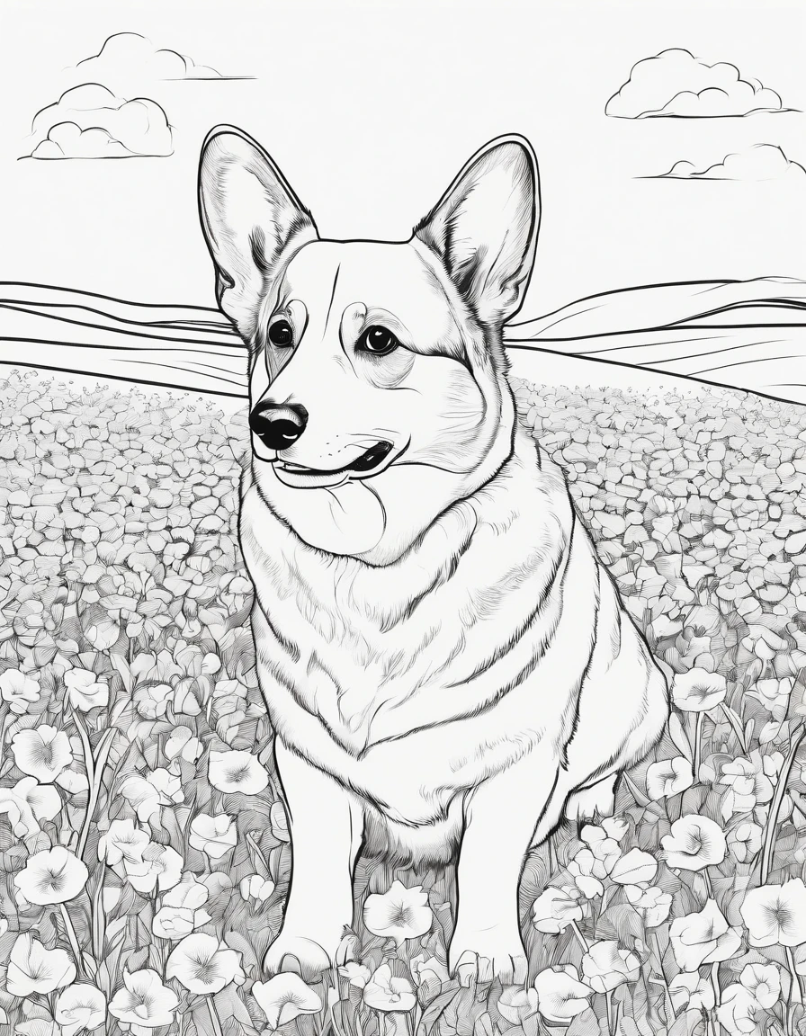 Pembroke Welsh Corgi in a flower field,line art, for coloring page, high quality, no shading,black and white