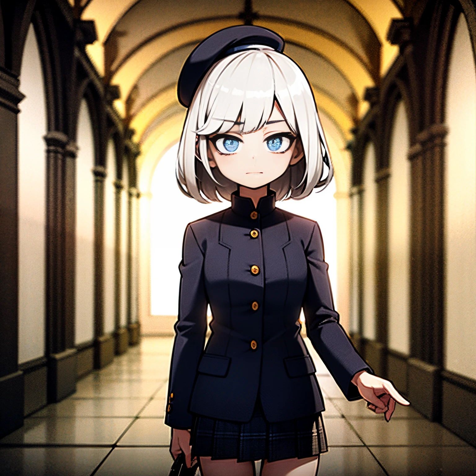 Young girl, white hair, blue eyes, shy face, wearing black beret, japanese student outifts, plaid skirt, looking at viewer, in a cathedral, dark stmosphere, grey filter, blue vitral in background, white cathedral, 4k, masterpiece, HD