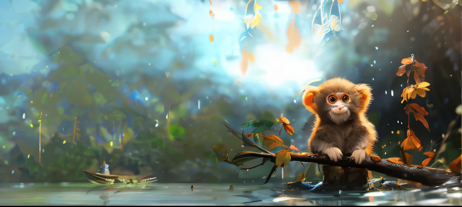 hay un mono sentado en una rama en el agua, Adorable pintura digital, Arte HD, Hermosa obra de arte digital, Archan Nair, Fondo de pantalla HD, dreamlike digital painting, Arte digital 4K altamente detallado, Arte digital foto animal, Pintura digital altamente detallada, marmoset render, Render 3D y pintura mate, fantasy matte painting,Lindo, Estilo de pintura WLOP