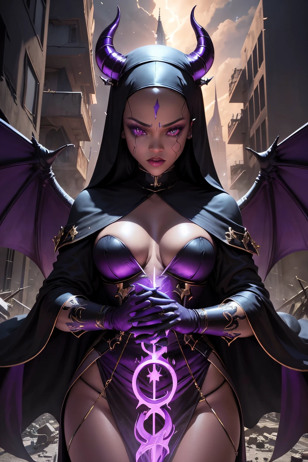 Rihanna : The evil nun, Demon horn, Demon wings on the head , sexy robe de nonne, Powerful bolts of destructive purple energy shoot out of his hands, His powerful magic hits the buildings of a destroyed city , Satanic, detailled eyes, detailed hands