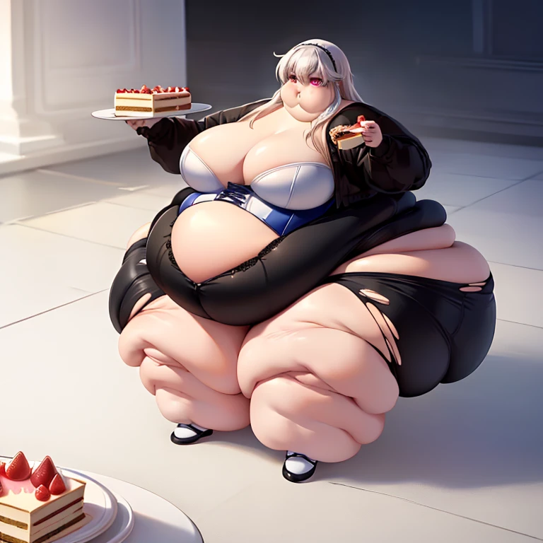 ((guy, male, man)), (white floor length hair),(( pink eyes)), black clothes ,((Pink Corset)), White shorts, ((Cakes)), Larger fat Belly, Fat , gigantic Hips, Fat butt , gigantic thighs,Clear Detailed face:1.4, ((Anatomically accurate body)), (Candy land background),(( Eating Cake)), Torn Clothes