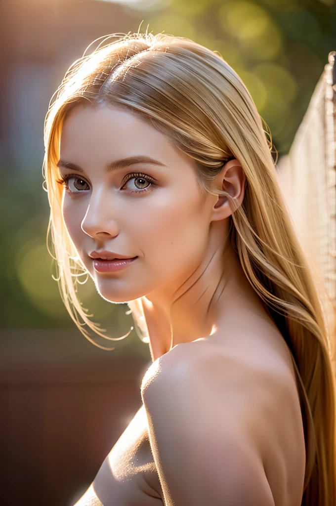 a beautiful blonde woman taking a selfie, elegant pose, golden hour lighting, warm tones, glowing skin, detailed facial features, long eyelashes, full lips, natural makeup, flowing hair, soft shadows, shallow depth of field, high quality digital art, realistic, photorealistic, 8k, detailed, masterpiece, we can see her arm taking the picture