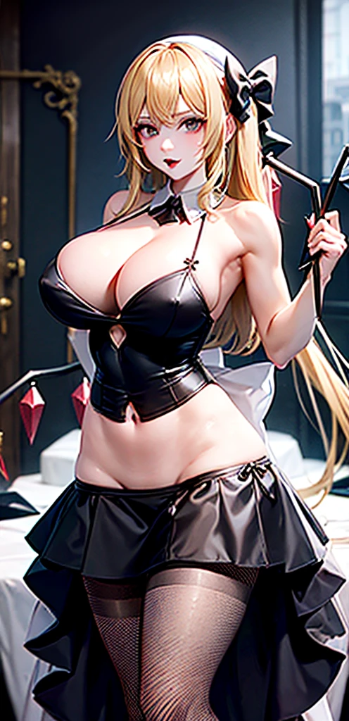 masterpiece, best quality,    1girl, blonde hair, mob cap, hair bow,long hair,wedding dress, huge breasts, cleavage, wings, fishnet, goth, black lipstick, fishnet dress, fishnet pantyhose, evil, muscular arms, muscular midriff, abs, muscular thighs, sixpack