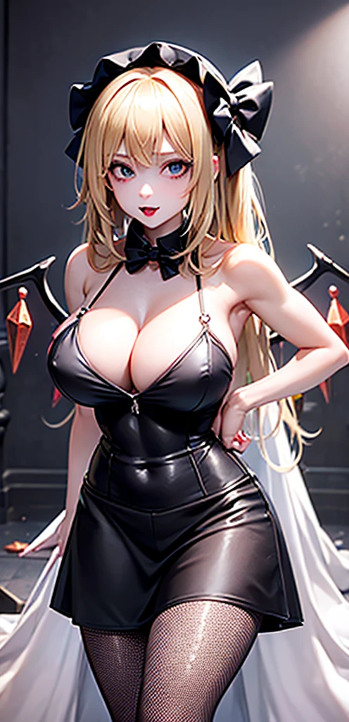 masterpiece, best quality, 1girl, blonde hair, mob cap, hair bow,long hair,wedding dress, huge breasts, cleavage, wings, fishnet, goth, black lipstick, fishnet dress, fishnet pantyhose, evil, muscular arms, muscular midriff, abs, muscular thighs, sixpack
