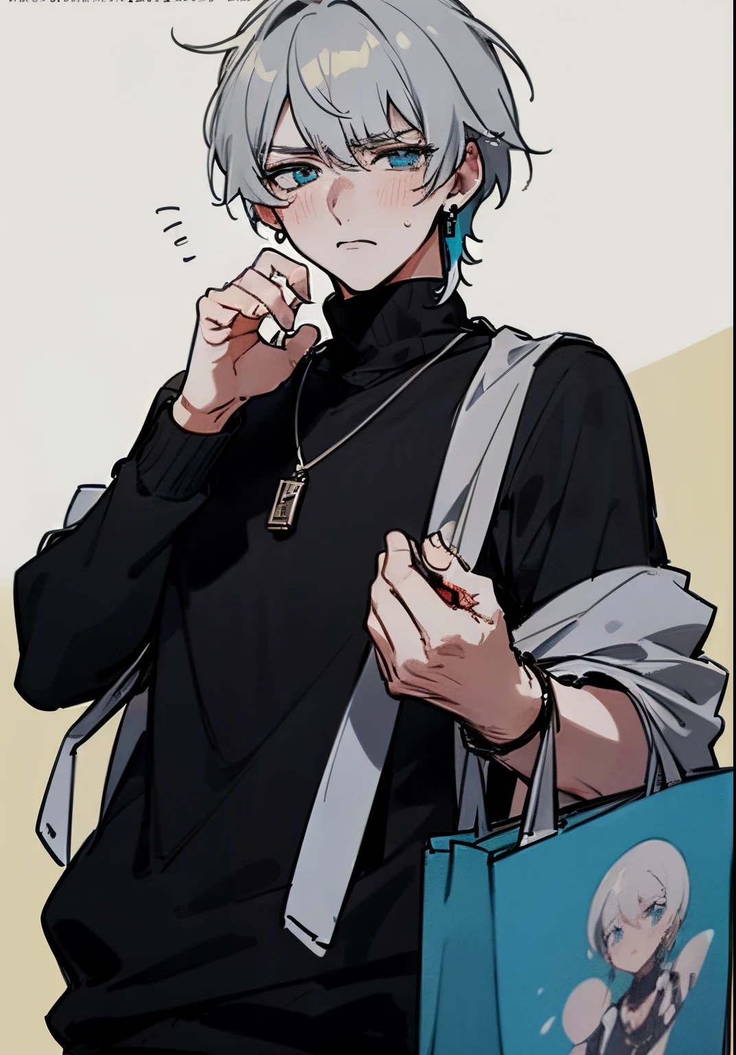 Male character, solo, upset, interactive with viewers, talking, kpop style, two block haircut, two side hair, light grey hair, silver hair, short but messy hair, light blue eyes, cyan eyes, man earrings, black turtleneck sweater, men necklace, popular, nervous but embarrassed, he wants you to give your hand to him, hand to hold, kpop outfit, soft, cool, ikemen, handsome, aesthetic, anime artstyle, masterpiece, best quality, detailed, 1boy, professional artwork, digital art, embarassed pose, no blush, he is hiding his embarrassment, irresistible, gorgeous, looking you, pure art, situational scene, scenario, it’s a date, lovely, shopping center background, 4k, hd
