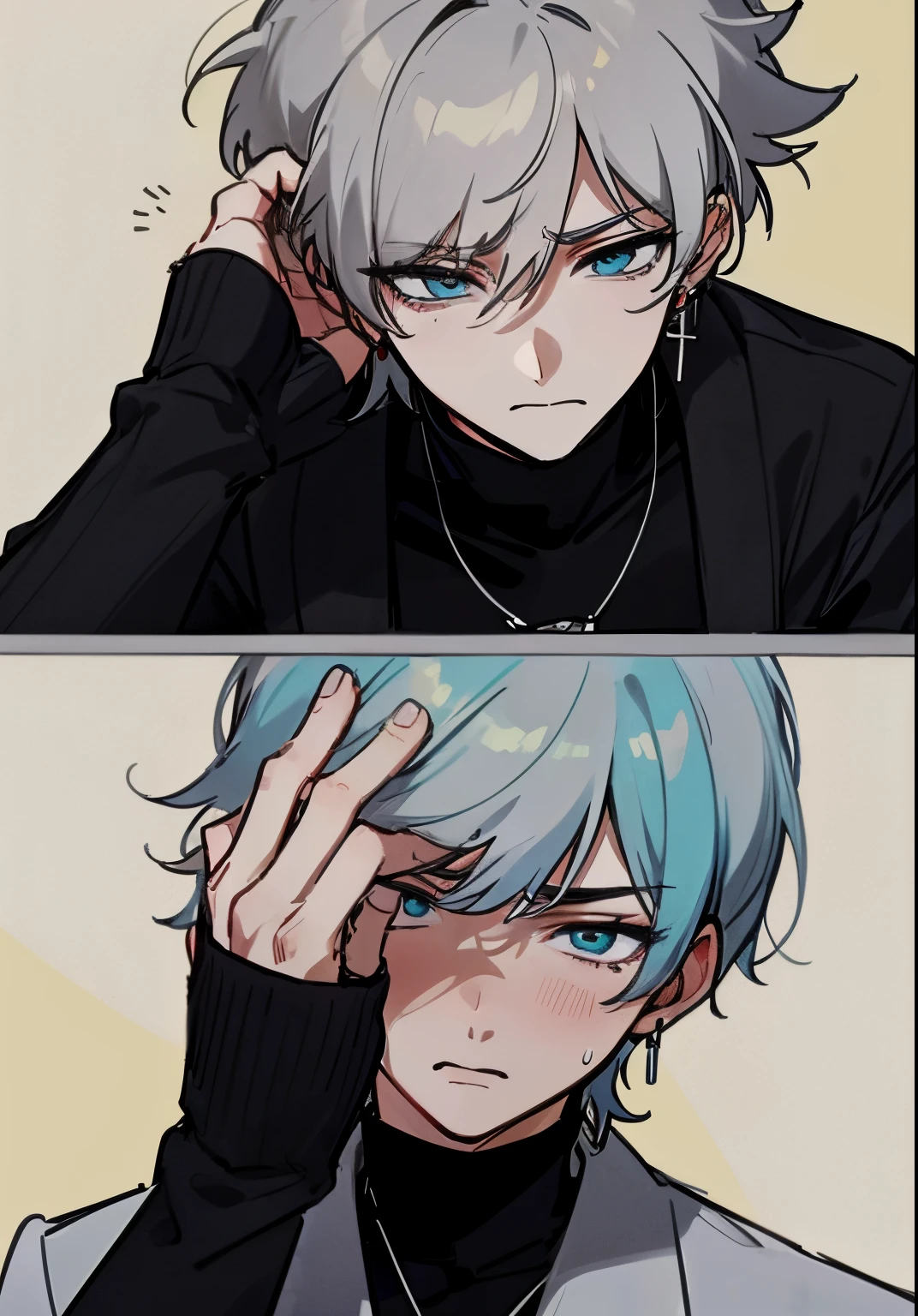 Male character, solo, upset, interactive with viewers, talking, kpop style, two block haircut, two side hair, light grey hair, silver hair, short but messy hair, light blue eyes, cyan eyes, man earrings, black turtleneck sweater, men necklace, popular, nervous but embarrassed, he wants you to give your hand to him, hand to hold, kpop outfit, soft, cool, ikemen, handsome, aesthetic, anime artstyle, masterpiece, best quality, detailed, 1boy, professional artwork, digital art, embarassed pose, no blush, he is hiding his embarrassment, irresistible, gorgeous, looking you, pure art, situational scene, scenario, it’s a date, lovely, shopping center background, 4k, hd