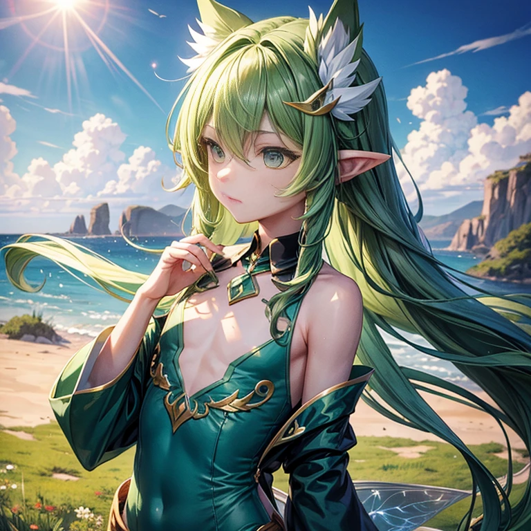 wind spirit, green, Male ,long hair, Femboy,((Flat chest)),Fairy,Fairy Wings