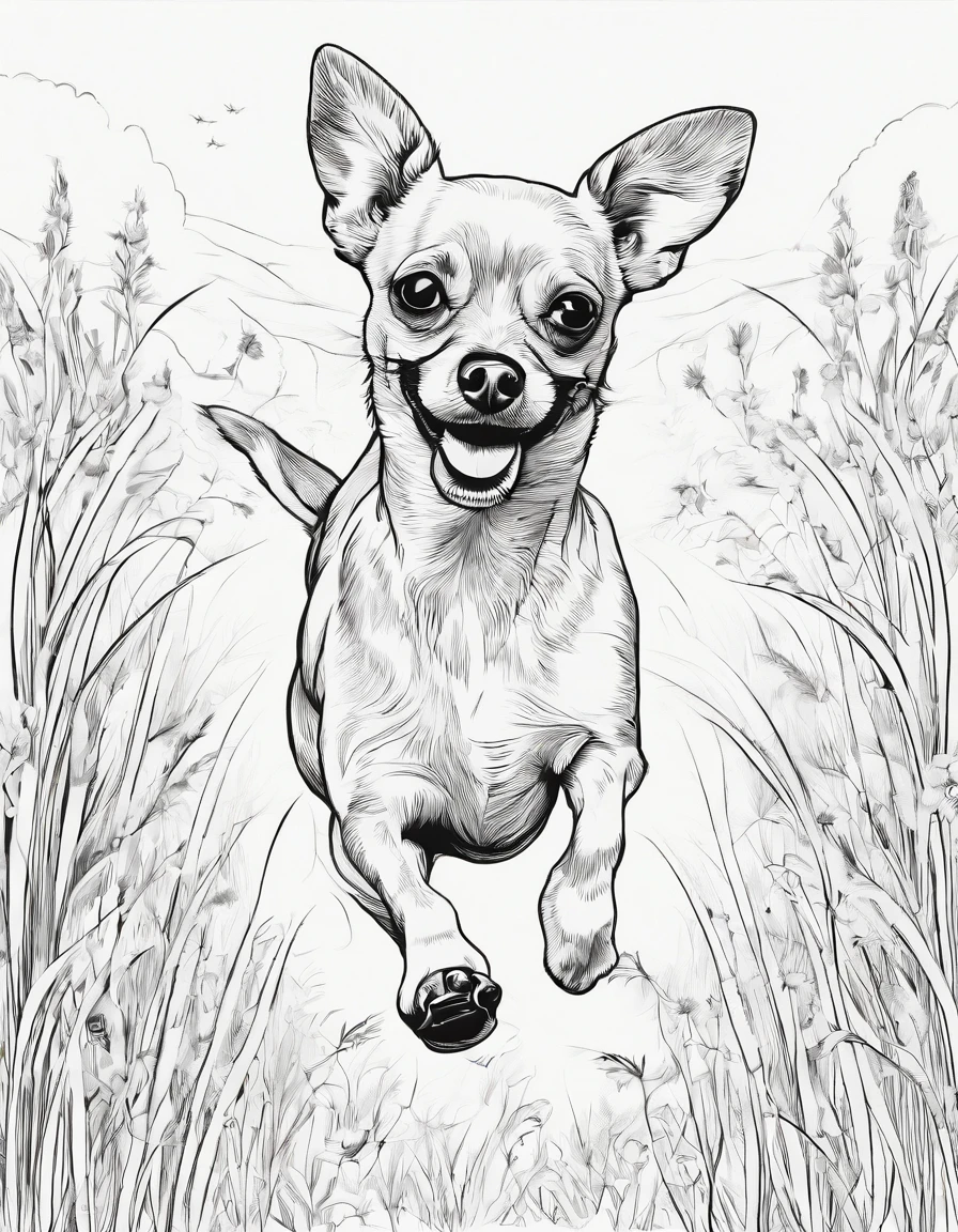 Chihuahua running in a field of grass, line art, for coloring page, high quality, black and white, no shading