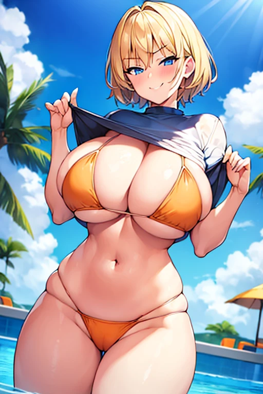 1girl, very short hair, blonde hair, blue eyes, orange bikini, huge breasts, thick thighs, wide hips, pool, masterpiece, shirt lift, clothes lift, white shirt, lifted by self, shirt, orange bikini top, smug, smirk, smile, pervert, blush, blushing