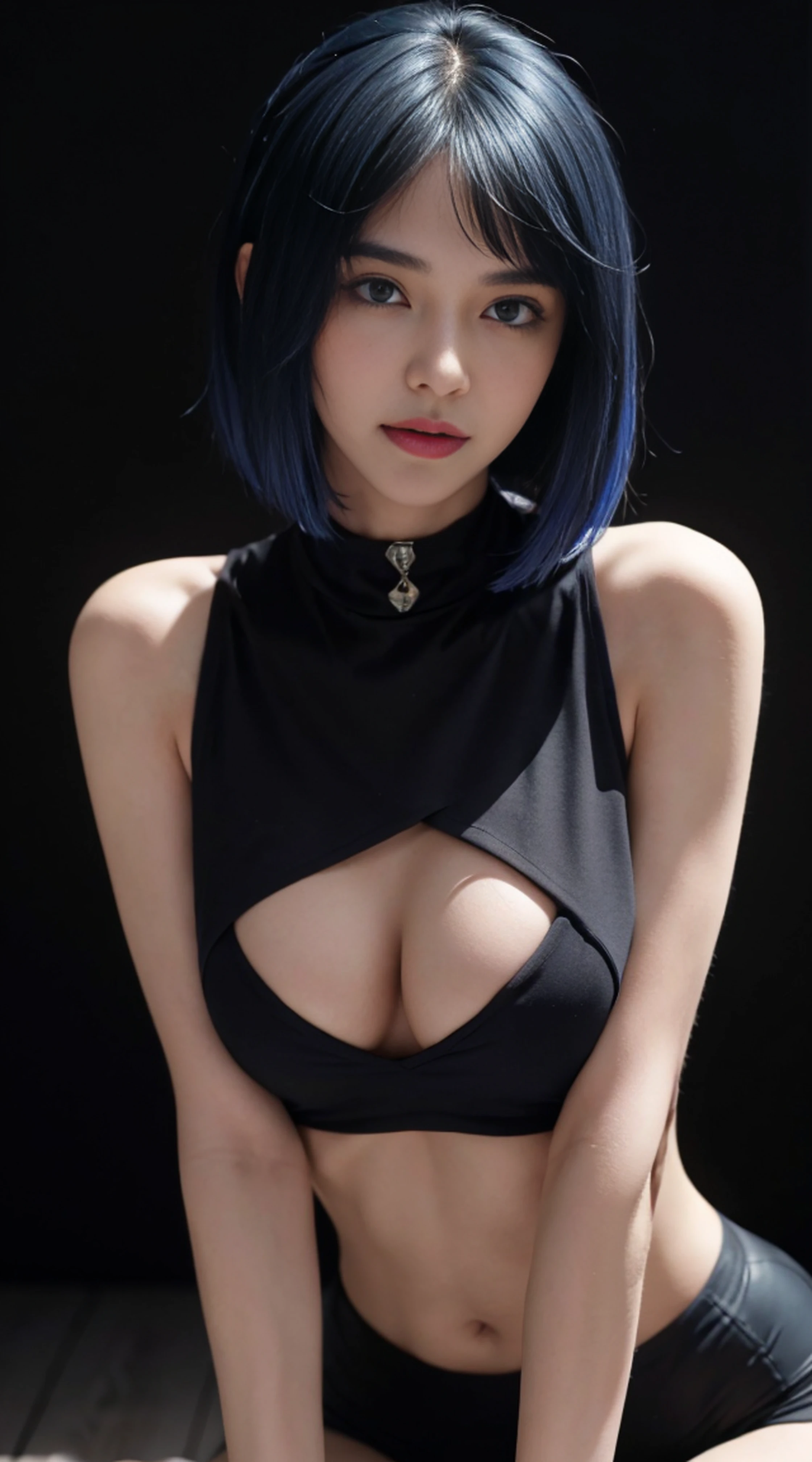 8K, Top Quality, Intricate Details, Ultra Detail, Ultra High Resolution, Masterpiece, , (full body: 1.1), Slender, Smile, (Makeup: 0.4), (Fluffy Blue Eyes: 1.21), blue Eyes, ((full body)), 1girl, solo, 1 girl, (( full body)), close up shot, , ((tall)), (((fit body))), (((slim face))), sharp face, sharp eyes, (( dark blue hair, bangs, short hair )), (detailed face), sharp face, small lips, standing,
((battlesuits)), detailed face, detailed breast, , large breast, detail ass, , Beautiful girl with accentuated slender abs: 1.4, Six Pack Abs: 1.4, Bust Botox, Big, Perfect Body, detail leg, (( dark background)), black background,