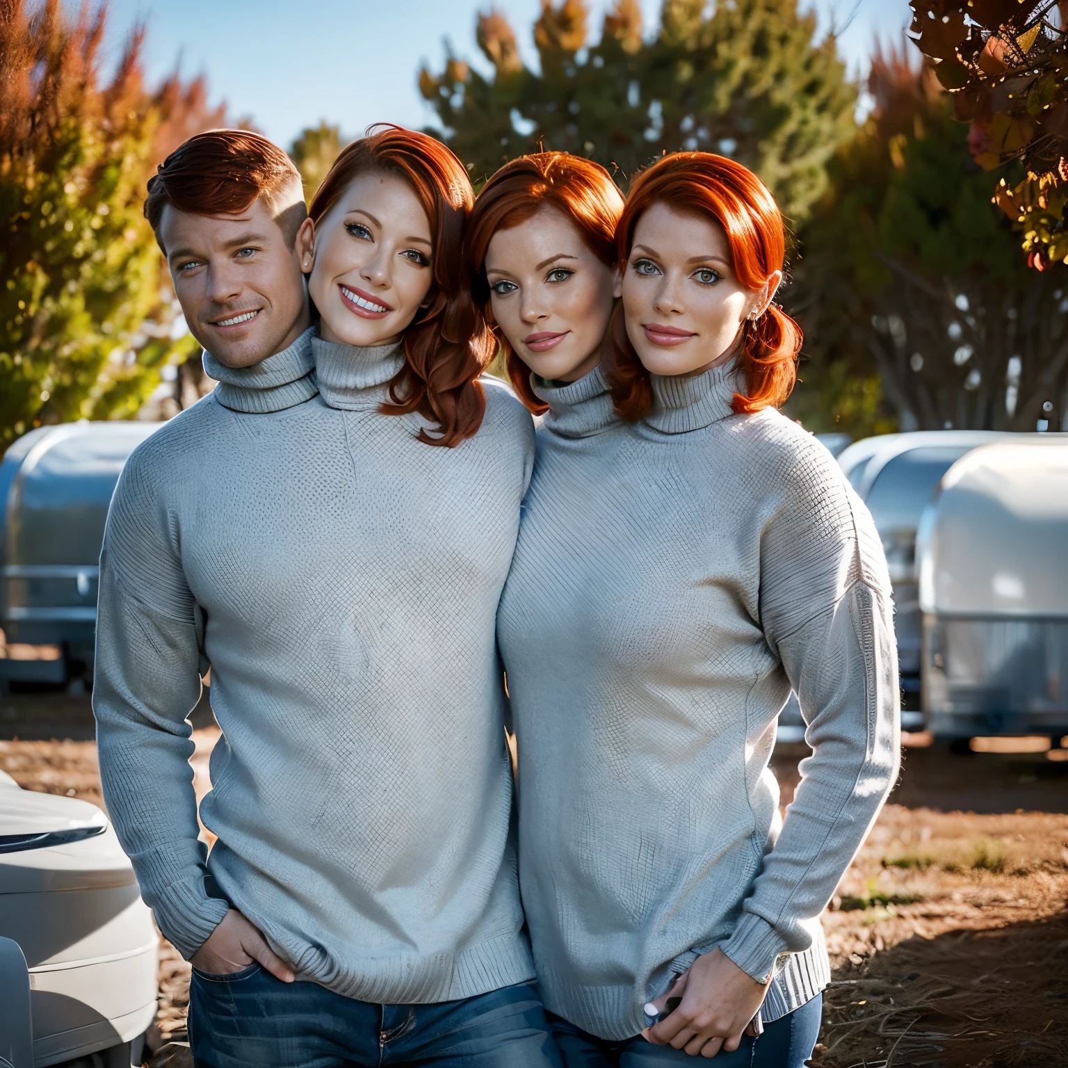 ((((2heads)))), husband and wife side by side, wearing a red white and blue stretchy turtleneck knit sweater, backyard of an American trailer park in the fall, red hair, freckles