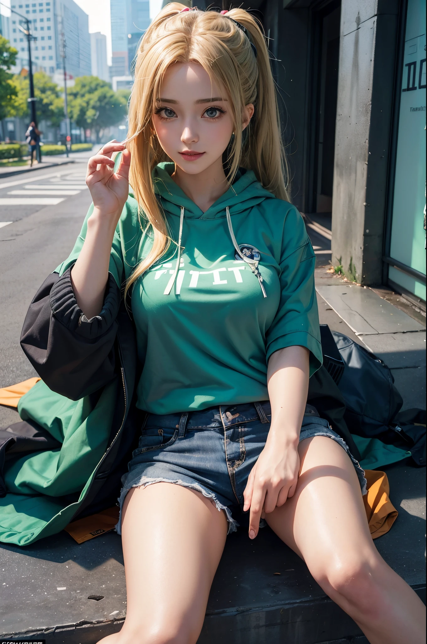 (masterpiece: 1,6), tsunade ( naruto) , smile , water , green hoody , yallow hair , large breast , shirt , short pants , young , anime girl ,ultra high , best quality , outfit detail ,face high ,quality pro . 1girl,realistic ,UHD ,HDR , perffect charakter ,anime from realistic ,realisan , face hair eyes. model cute girl,beground cyberpunk